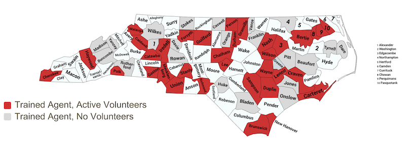 This map shows what counties have EMFV representation. As of Dec 2025 the following counties have a trained agent and active volunteers: Cherokee, Haywood, Polk, Watauga, Caldwell, Catawba, Iredell, Gaston, Mecklenburg, Union, Stanly, Richmond, Forsyth, Guilford, Chatham, Lee, Durham, Person, Granville, Nash, Edgecombe, Wilson, Wayne, Sampson, Duplin, Lenoir, Craven, Carteret, Brunswick, New Hanover, Bertie, Chowan, Pasquotank, and Perquimmans; Counties with a trained agent but no volunteers include: Madison, Buncombe, Yancey, Rutherford, Wilkes, Alexander, Rowan, Davie, STokes, Caswell, Orange, Hoke, Bladen, Vance, Franklin, Northampton, Pitt, Greene, Onslow, Jones, Beaufort, Tyrrell, and Dare.